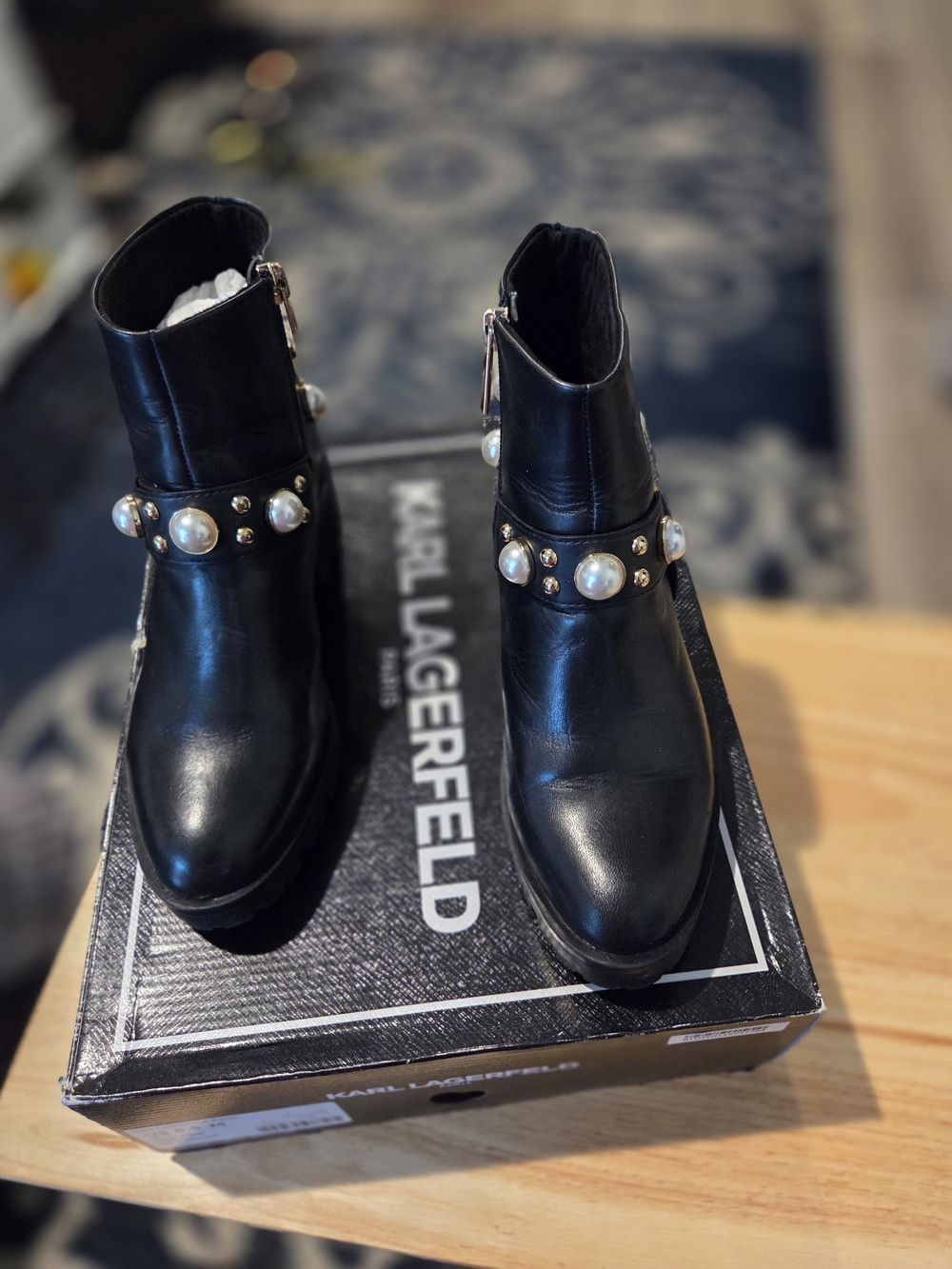 Karl Lagerfeld Black Leather Ankle Boots with Pearl & Stud Trim